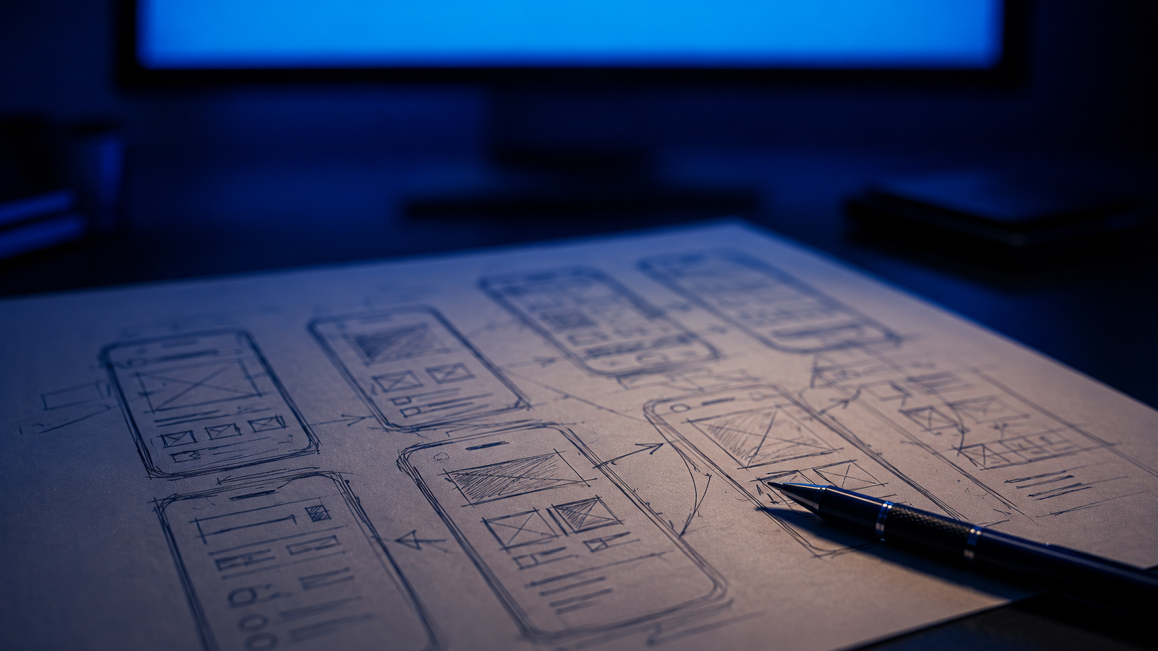 Product sketches and interaction flows on a design desk